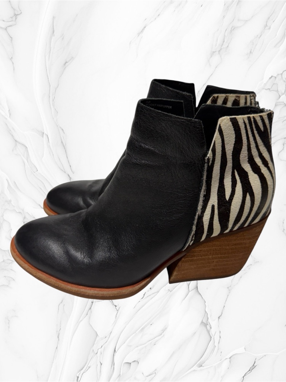 Kork-Ease Black Leather Ankle Boots with Zebra-Print Heel Panel 7.5
